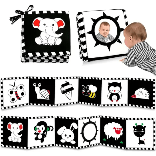 Black and White Baby Toys 0-3 Months High Contrast Newborn Toys Tummy Time Toys Montessori Toys for Babies 0-6 Months Infant Sensory Soft Baby Book Toys 0 3 6 9 Months with Mirror Baby Gifts