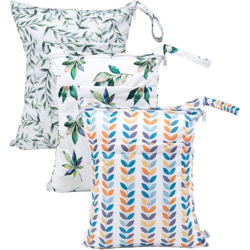 babygoal Wet Dry Bags for Baby Cloth Diapers, Washable Travel Bags, Beach, Pool, Gym Bag for Swimsuits & Wet Clothes with Two Zippered Pockets 3 Pack 3LN08