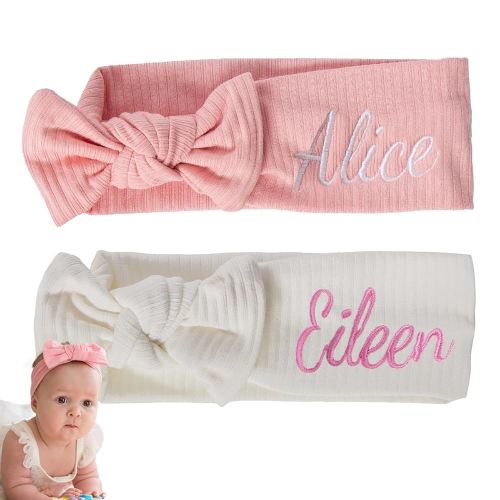 Ulico Paquete de 2 diademas bordadas personalizadas con lazo para bebés y recién nacidos con nombre personalizado