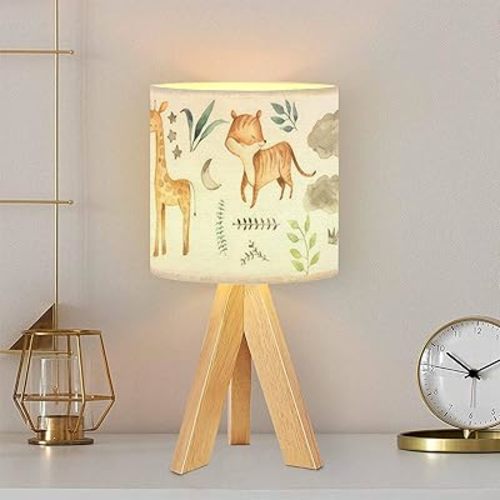 Tripod Table Lamp animals watercolor giraffe tiger tropical jungle foliage for nursery Modern Bedside Dimmable Desk lamp Wooden Base Fabric Lampshade for Kids Room, Nursery, Bedroom, Living Room