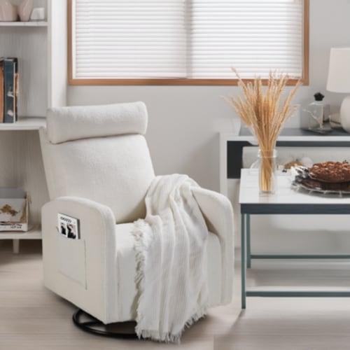 LUCKHAO Modern Swivel Glider Chair, Upholstered Accent Glider Rocker Chair for Baby Nursery, Comfy Tall Back Rocking Armchair with Side Pocket and Headrest ,Theater Recliner Sofa