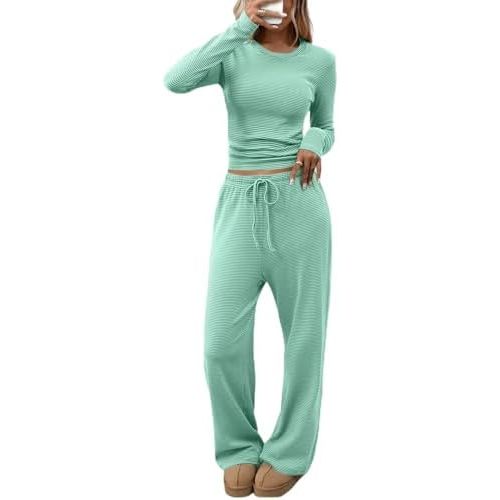 CHYRII Womens Two Piece Sets Fall Fashion Striped Long Sleeve Tops Wide Leg Palazzo Pants Outfits Loung Sets