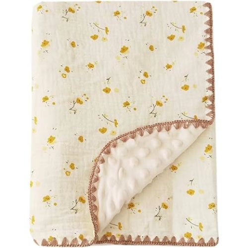 Baby Soft Muslin Thick Blanket Cotton and Dotted Backing Double Layer Receiving Blanket 40"x40" Yellow Floral
