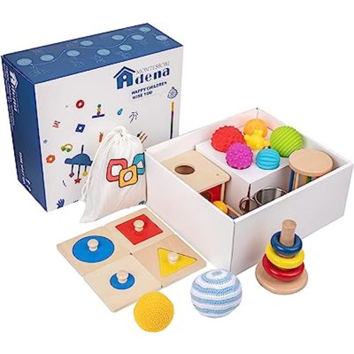 Adena Montessori Play Kit for 7-8 Months Baby,9 in 1 Learning Educational Toys for Toddler,Include Object Permanence Box,Different Balls,Shape Puzzles and More,Christmas Birthday Gift for Boys Girl
