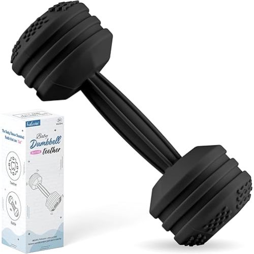 Baby Dumbbell Toy - Silicone Dumbbell Teether Toys Weight Rattle Sensory Toy for Babies - Great Gift for Baby and Toddler Girls or Boys (Black)