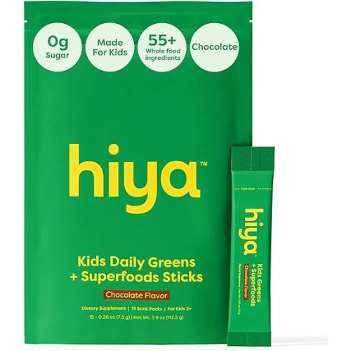 HIYA Kids Greens Powder Sticks - 55 Whole-Food Sourced Ingredients & Delicious Flavor - Greens Superfood Powder for Kids (Chocolate)