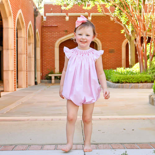 Cute Pink Stripe Smocked Angel Sleeve Bubble 6M