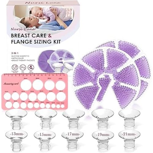 Flange Sizing Kit with Flange Inserts 13/15/17/19/21mm 10PCS, Nipple Ruler Tool, 2 Hot and Cold Breast Therapy Packs, Flange Insert for 24mm Pump, Breastfeeding Essential Kit for New Moms