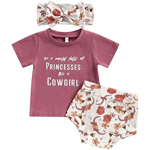 KOSUSANILL Western Baby Girl Clothes Letter Print Short Sleeve Top Shirt Cow Shorts with Headband 3PCS Summer Outfits