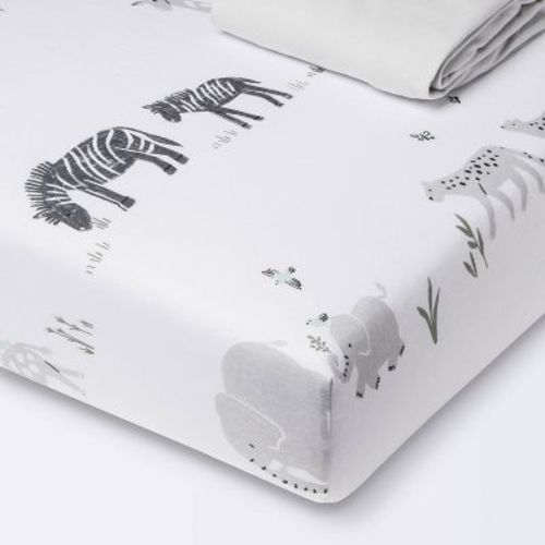 Fitted Jersey Crib Sheet 2pk - Cloud Island™ Two By Two Animals And Solid Gray