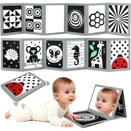 KUANGO Black and White High Contrast Tummy Time Mirror Toys Newborn Toys 0 6 Months Brain Development Infant Stimulating Sensory Baby Mirror Book 0-3 3-6 2 4 5 Months Old Baby Boy Girl Gifts
