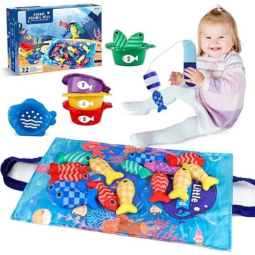 Aliex Montessori Fishing Game for Toddlers 1-3, Cloth Fishing Toy for Toddlers with Stacking Cups Educational Learning Toy - Number Counting, Color Sorting, Baby Sensory Toy Baby Gifts