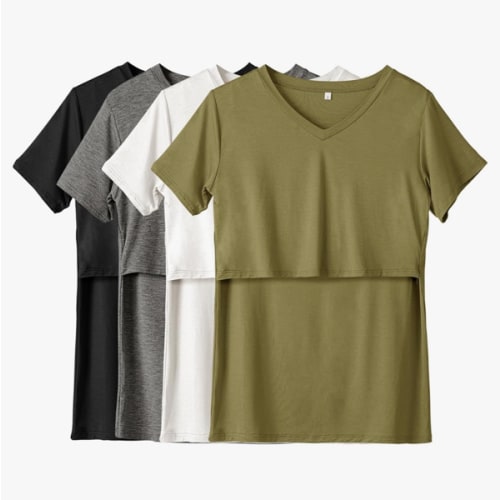 4 Pack Nursing Tops for Breastfeeding Summer Short Sleeve T Shirts V Neck Postpartum Clothes