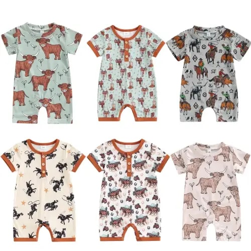 Country Baby Clothes Boy Girl Western Cow Guitar Print Short - TikTok Shop