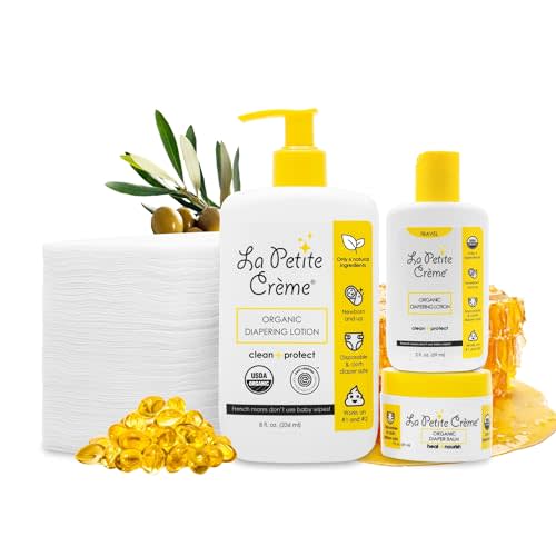 La Petite Creme Premium French Diapering Gift Set: Includes Organic Diapering Lotion (8 oz), Travel-size Liniment Baby Lotion (2 oz), 1 Travel-size Diaper Balm (1 oz), 50 Disposable Cotton Pads