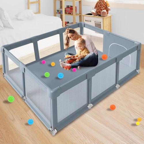 Baby Playpen, 74''x50'' Large Baby Playpens for Babies and Toddlers, Playpen Indoor or Outdoor Active Center, Sturdy Safety Playard Play Pen Fence, Soft Breathable Mesh, Grey