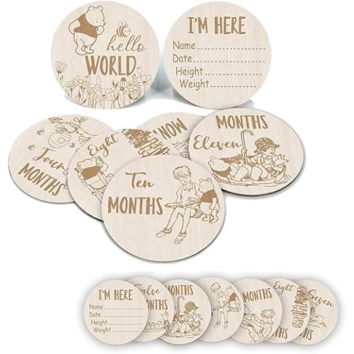 7Pcs Winnie Baby Monthly Milestone Circles,Double-Sided Printing Months Baby Milestone Wooden Keepsake,Winnie Baby Shower Gifts, Winnie Baby Monthly Announcement Wooden Discs for Documenting Growth
