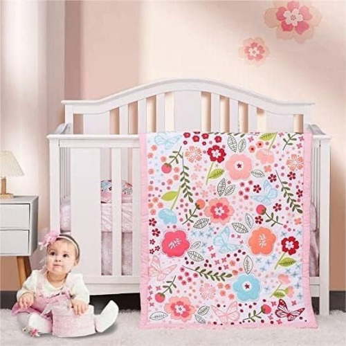 Sweet baba 4 PC Flower Crib Bedding Set, Adorable Pink Crib Set for Baby Girl | Includes Quilt, Crib Sheet, Crib Skirt, Pillowcase