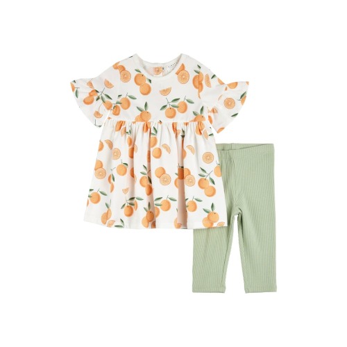 Orange Print Cotton Flutter Sleeve Top & Leggings Set