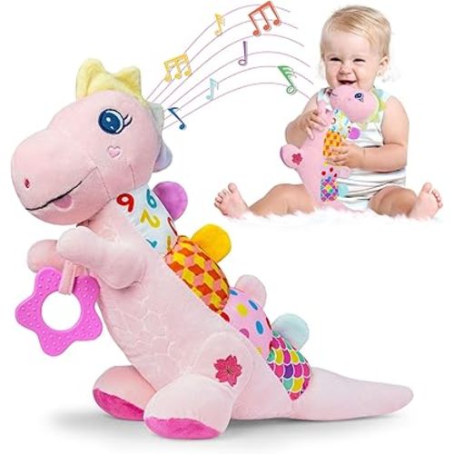 Baby Dino Musical Stuffed Animal Toys for 0-3-6-9-12 Months,Infant Dinosaur Tummy Time Toys with Crinkle Sound Paper,Teether,Textures & Rattles for Newborn Boys Girls Birthday Gifts,Pink