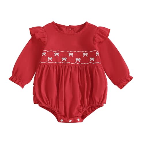 Adobabirl Infant Baby Girl Outfit Newborn Bow Bubble Romper Long Sleeve Embroidery Jumpsuit Cute Smocked Clothes