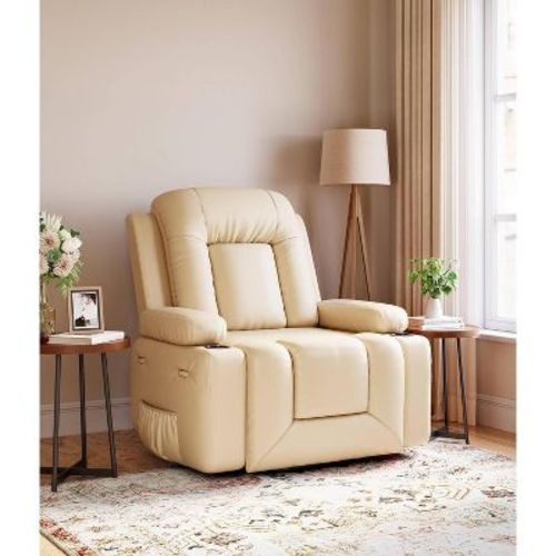 Oversized Power Lift Recliner Chair with Heat & Massage - Faux Leather Recliner, Built-In Storage & Cup Holders, Beige