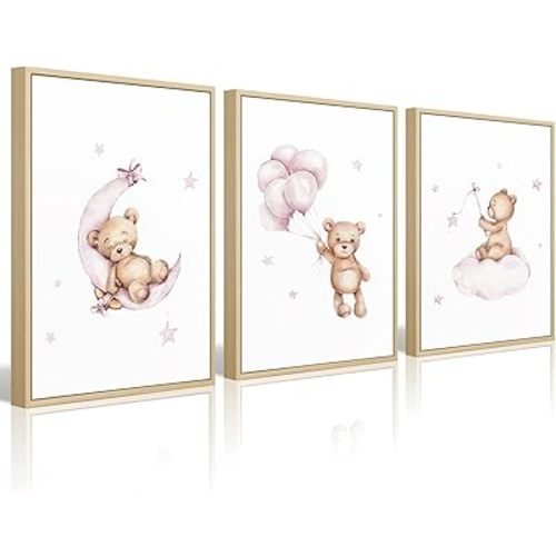 Bear Nursery Wall Art Decor Set of 3 Teddy Bear Wall Art Baby Girl Canvas Wall Decor Pink Pictures Balloon Nursery Children Prints Artwork Moon Star Cloud Art for Boys Room Bedroom 16x24 Inch Framed