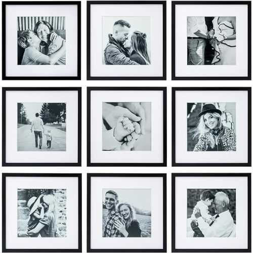ArtbyHannah Gallery Wall Frame Set 12x12 Square Picture Frame 9 Pack,Black Picture Frames Used as 12x12 Picture Frame Without Mat or 8x8 Picture Frames with Mat for Gallery Wall Mounting - 12x12 Inch