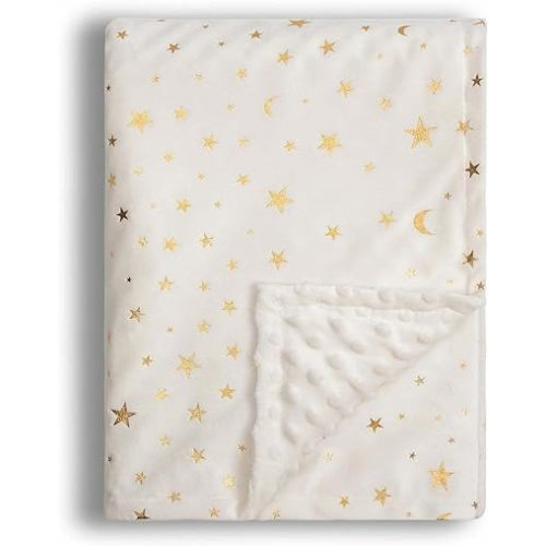 Baby Blanket for Boys Girls Soft Minky with Double Layer Dotted Backing, Star and Moon Printed 30 x 40 Inch Receiving Blanket (Beige)