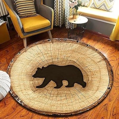 Black Bear Round Area Rug Tree Ring Rugs Rustic Wood Texture Print Floor Mat Circle Annual Carpet for Home Office Decor,4Ft