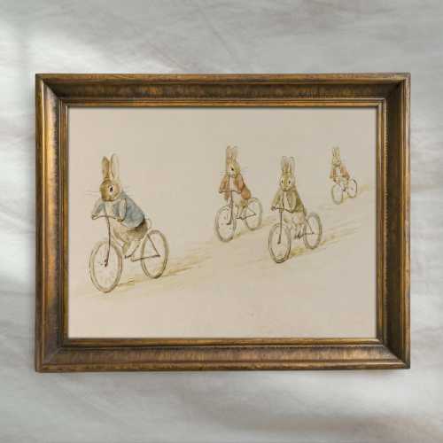 Vintage Bunnies on Bikes | Peter Rabbit Style Nursery Art | Baby Room Artwork Decor | Bunny Gift Idea | Mailed Print