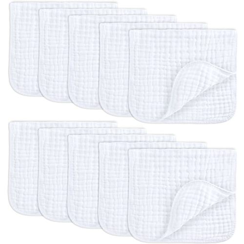 Comfy Cubs Muslin Burp Cloths Set Large 100% Cotton Hand Washcloths for Babies, Baby Essentials 6 Layers Extra Absorbent and Soft Boys & Girls Baby Bibs & Burp Cloths Set (White, 10-Pack, 20" X10")