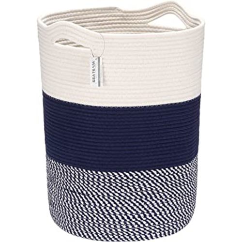 Sea Team Large Size Cotton Rope Woven Storage Basket with Handles, Laundry Hamper, Fabric Bucket, Drum, Clothes Toys Organizer for Kid's Room, 20 x 14 inches, Round Open Design, White & Mottled Navy