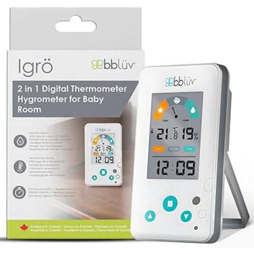 bblüv Igrö 2-in-1 - Indoor Digital Thermometer and Hygrometer - Humidity meter for Baby room with Alarm - Portable, User-Friendly - Ideal for Nursery, Home, or Travel