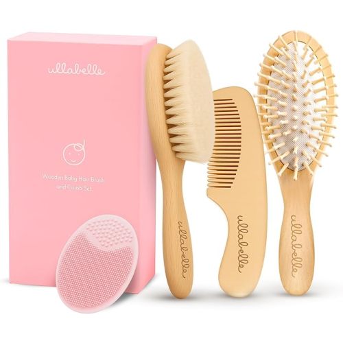 4 Piece Wooden Baby Hair Brush and Comb Set for Newborns & Toddlers in Chic Gift Box - Ultra Soft Natural Goat Hair and Wood Baby Brush Set Prevents Cradle Cap - Perfect Registry Gift (Pink)
