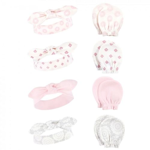 Hudson Baby Infant Girl Cotton Headband and Scratch Mitten Set, Lace Medallion, 0-6 Months