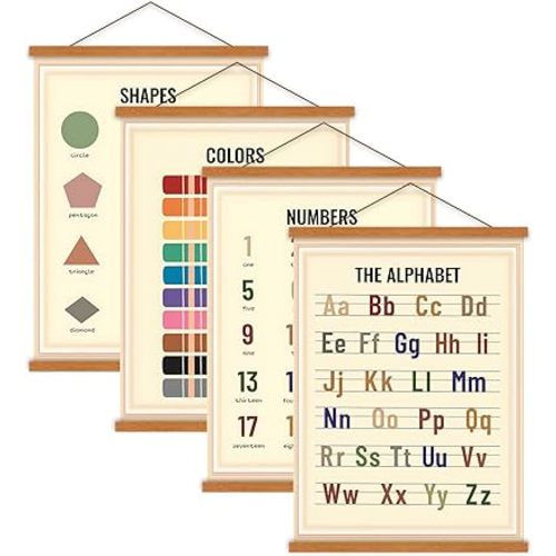 Benjia Alphabet Number Color Shape Poster Hanger Frame Set of 4, 12x16 inch Bohemian Preschool Educational Learning Poster Wall Decor for Nursery Classroom Playroom Toddler Bedroom Kids room