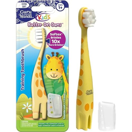 GuruNanda Kids Butter On Gums Cute Giraffe Toothbrush with Tongue Scraper & Cover - Super Soft Bristles for Gentle Cleaning -Ergonomic Handle (Age 1+)