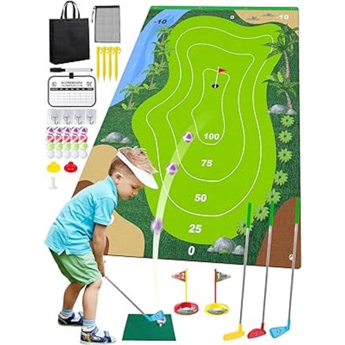 Liberry Kids Golf Set for 3 4 5 6 7 Years Old Boys Girls, Golf Chipping Game with Golf Mat, Sticky Balls, Storage Bag, Retractable Golf Clubs Indoor Outdoor Sports Toy Gift Toss Game