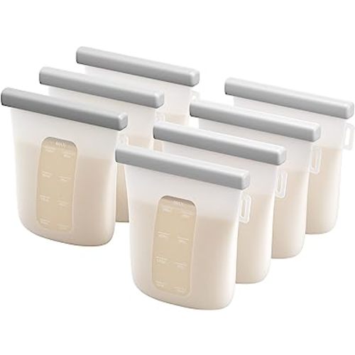 Nuliie 7 Pcs Silicone Breastmilk Storage Bags Reusable, 8oz/240ml Double Leak-Proof Breastmilk Freezer Bags, BPA Free Self-Standing Milk Bags for Breastfeeding, Baby Food Pouches