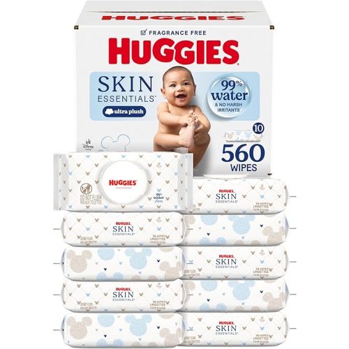 Huggies Skin Essentials Baby Wipes, Hypoallergenic, 99% Water, 10 Flip Top Packs (560 Wipes Total)