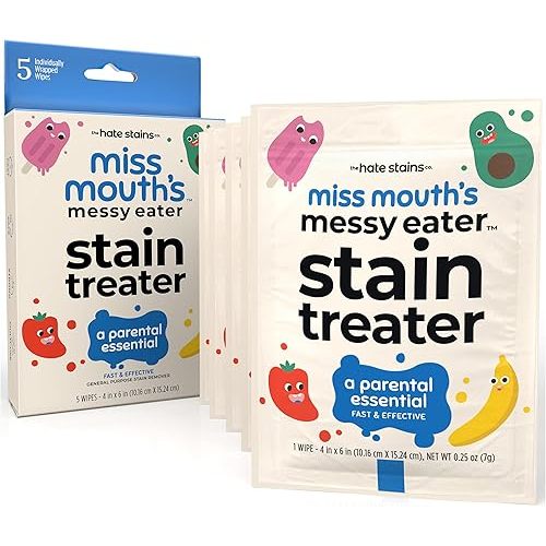 Miss Mouth's Messy Eater Stain Treater Wipes - 5 Pack Stain Remover - Newborn & Baby Essentials - No Dry Cleaning Food, Grease, Coffee Off Laundry, Underwear, Fabric
