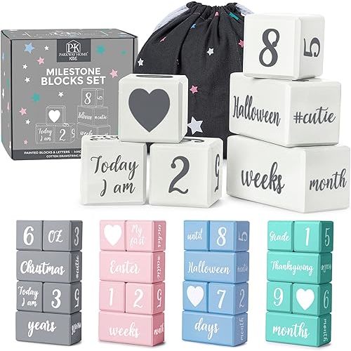 White Baby Monthly Milestone Blocks with Bag. Baby Age Blocks for Girl or Boy Baby Photo Props and Baby Shower. Month Baby Milestone Blocks with Grammatically Correct Month and Year