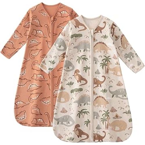 Baby Sleep Sack 6-12 Months 100% Cotton Long Sleeve Wearable Blanket Baby Sleep Bag with 2-Way Zipper 2 Pack 0.5 Tog Sleeping Sack for Newborn Infant Apricot Brown Dinosaur