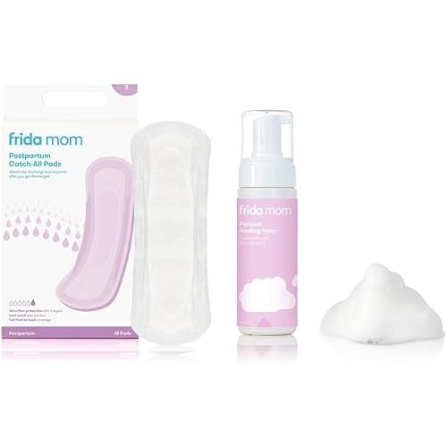 Frida Mom Postpartum Leak Proof Pads (18ct) + Frida Mom Witch Hazel Perineal Healing Foam for Postpartum Care, Cooling Pain Relief and Hemorrhoid Treatment, 5 Fl Oz