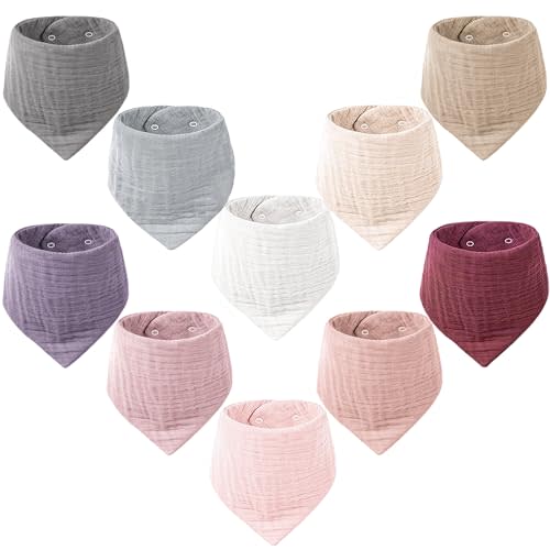 Konssy Muslin Baby Bibs 10 Pack Baby Bandana Drool Bibs 100% Cotton for Unisex Boys Girls,10 Solid Colors Set for Teething Drooling
