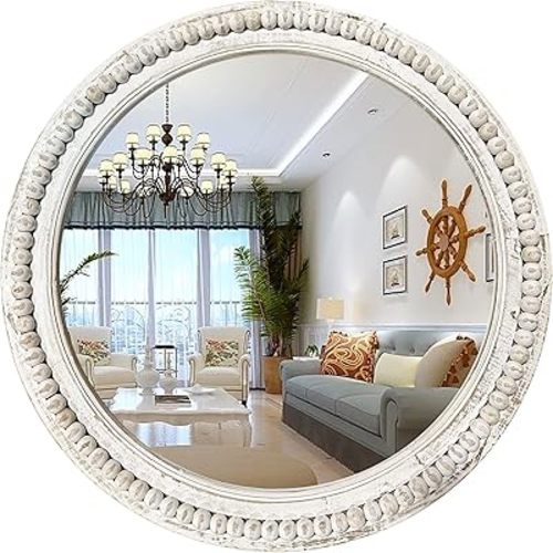 Rustic Round Wall Mirror, 24 Inch Wood Circle Mirror with Beads, Decorative Farmhouse Mirror for Living Room, Bedroom, Kitchen, Entryway (White)