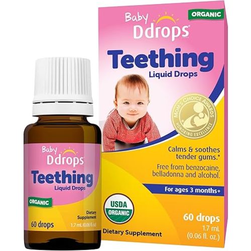 Ddrops Baby Organic Teething Relief Liquid, Calms and Soothes Baby's Tender Gums Naturally, Easy-to-Use Drop Format, 3 Months +, 60 Drops