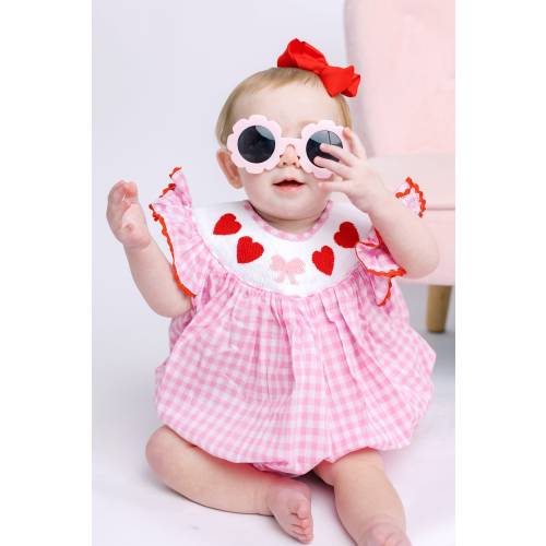 Valentine Smocked Bubble Romper - Red Hearts and Bows on Pink Gingham - matching sibling, heirloom, vintage, baby girl smock outfit