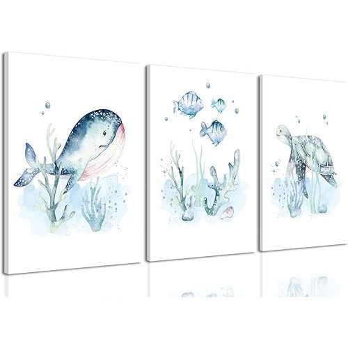 Wodkwq Ocean Nursery Canvas Wall Art,Nursery Wall Decor,Kids Bathroom Decor,Under The Sea Picture,Boys Room Sea Animal Prints Set of 3,Bedroom 12x16 Inch Framed